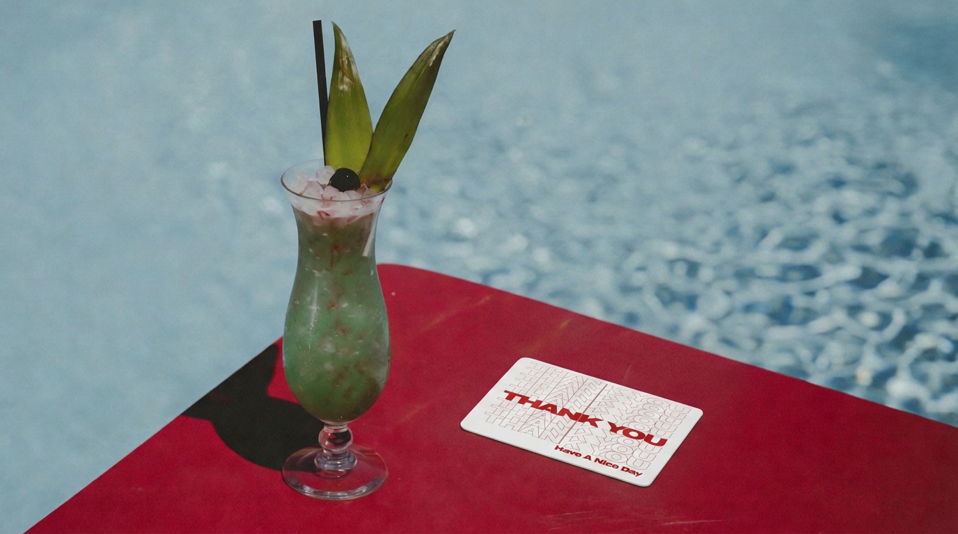 A white Thank You card with red outline type on a red poolside table beside a cocktail